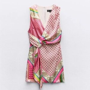 Zara Pink Green Patterned Dress Zara Printed Patchwork Tie Dress EUC